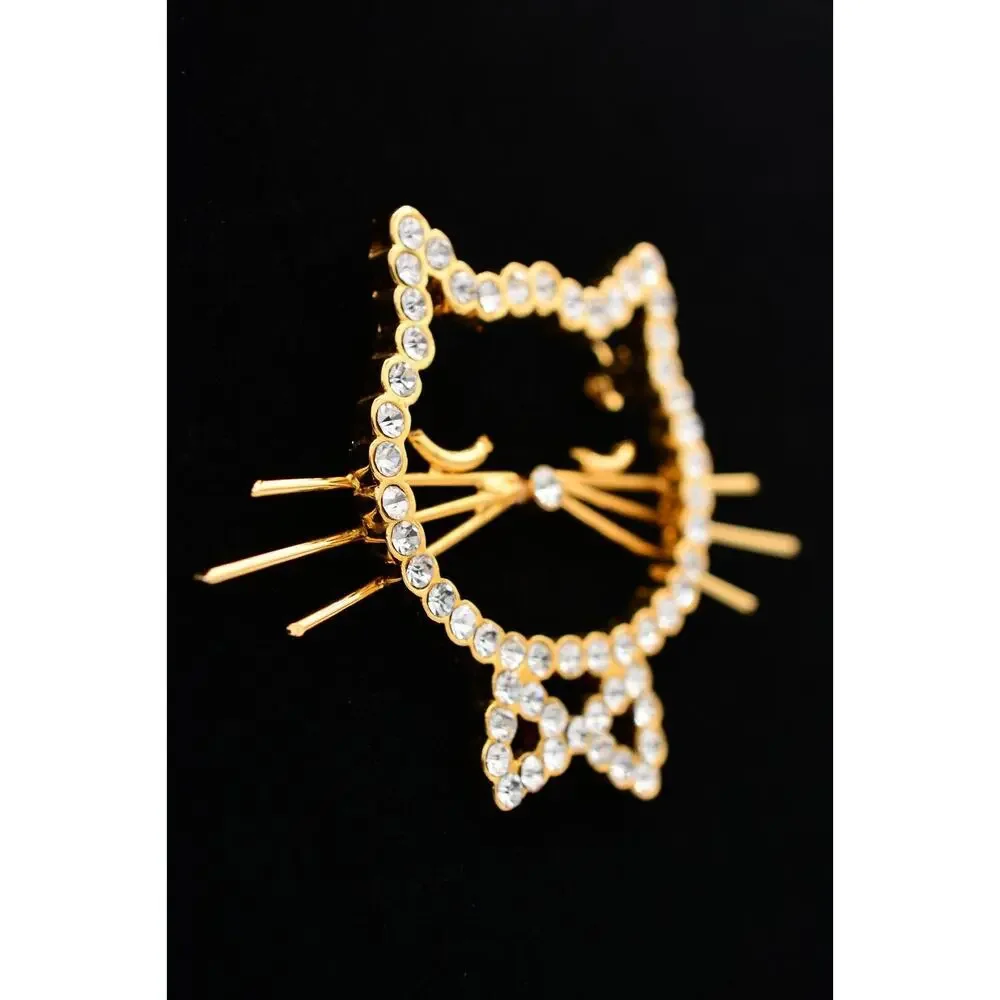 Vintage Cat Pin Brooch Sparkling Rhinestone Crystal Gold Tone Heavy 1990s BinAT